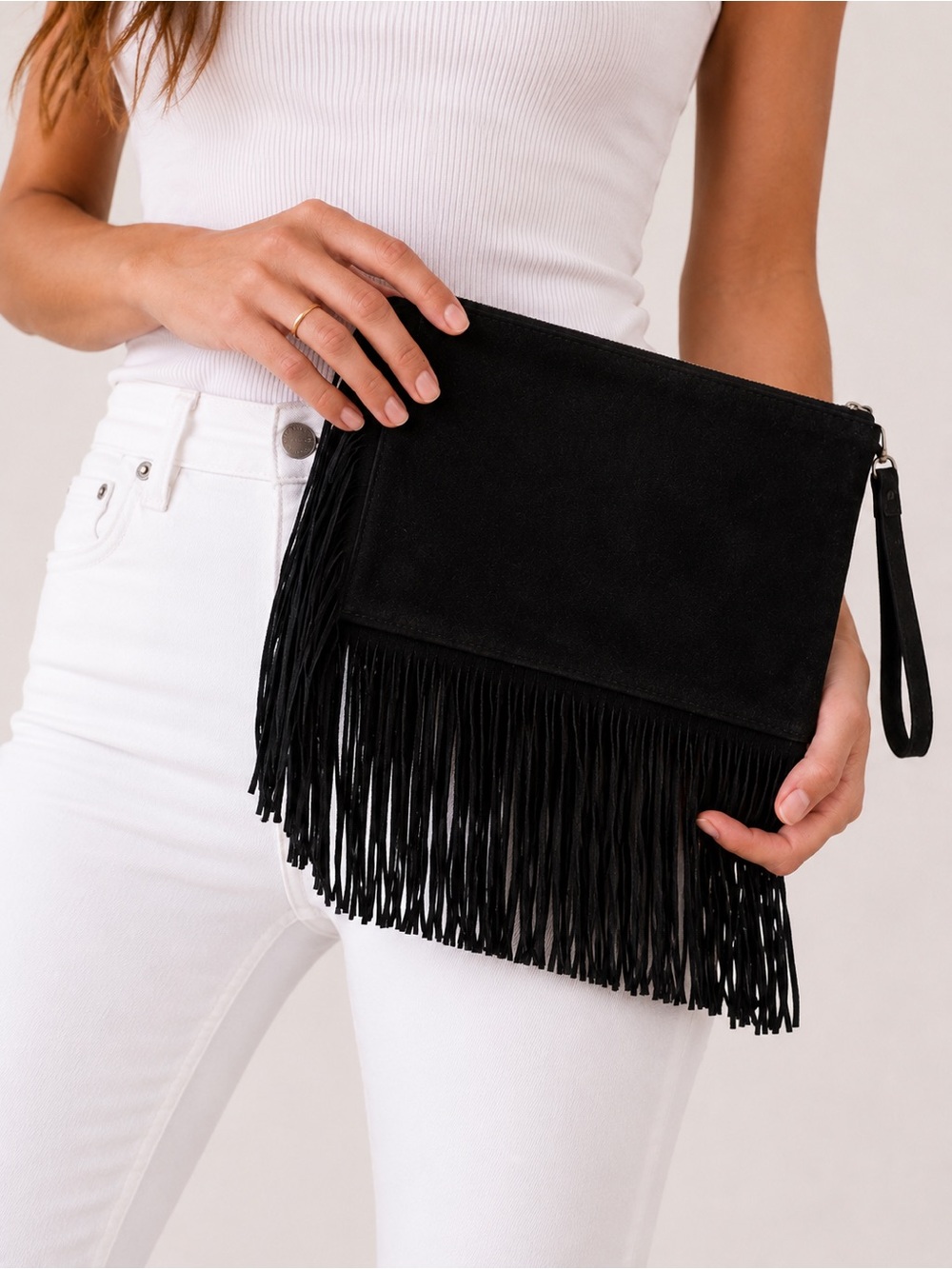 Zara Black Suede Fringe Wristlet Clutch